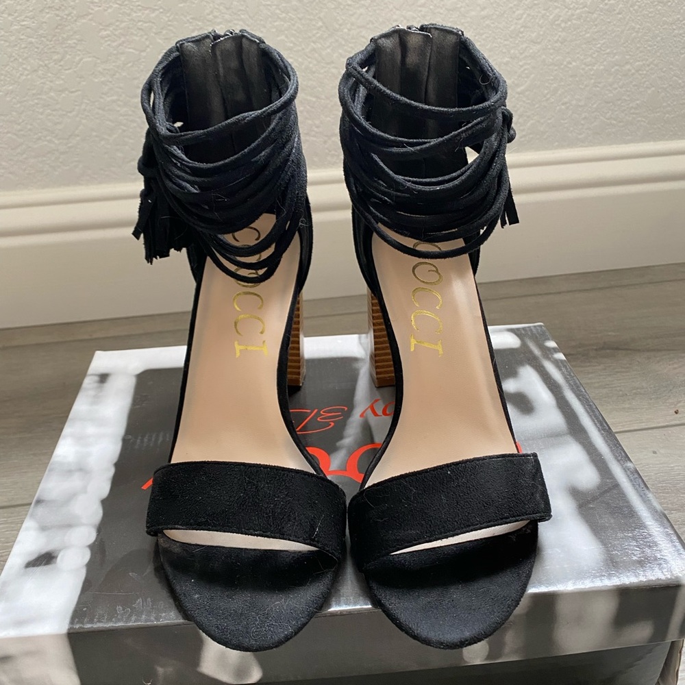 CCOCCI fringe suede wood heels